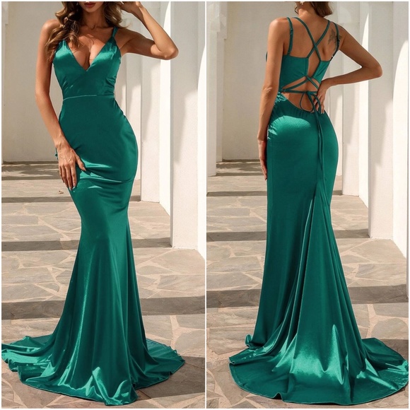 Luxe Satin Sexy Evening Prom Wedding Formal Prom Dress - Picture 5 of 9